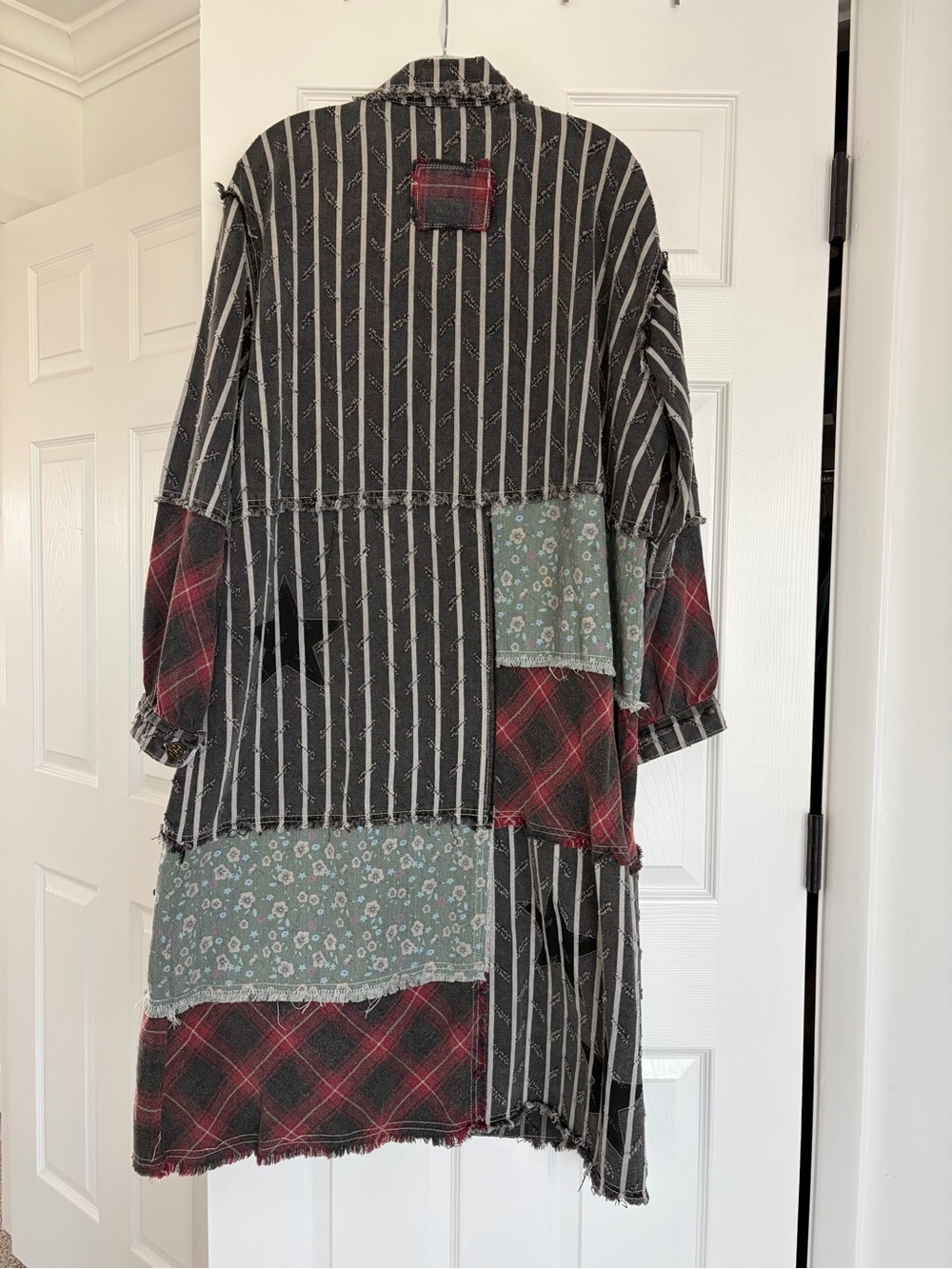 POL Patchwork Long Cardigan Jacket in Black, Red, Green